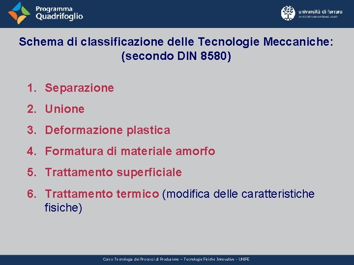 Schema di classificazione delle Tecnologie Meccaniche: (secondo DIN 8580) 1. Separazione 2. Unione 3.