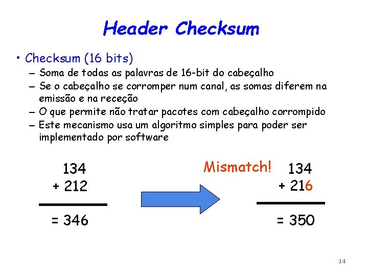 Header Checksum • Checksum (16 bits) – Soma de todas as palavras de 16