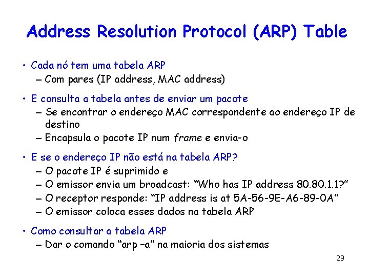 Address Resolution Protocol (ARP) Table • Cada nó tem uma tabela ARP – Com