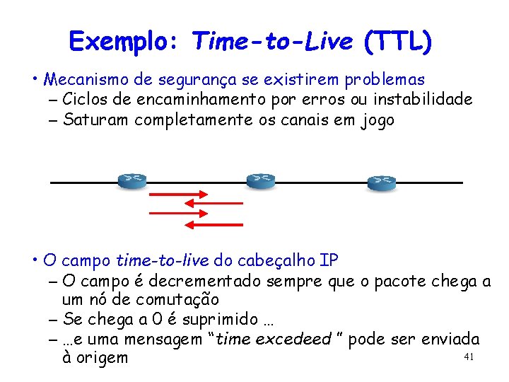 Exemplo: Time-to-Live (TTL) • Mecanismo de segurança se existirem problemas – Ciclos de encaminhamento
