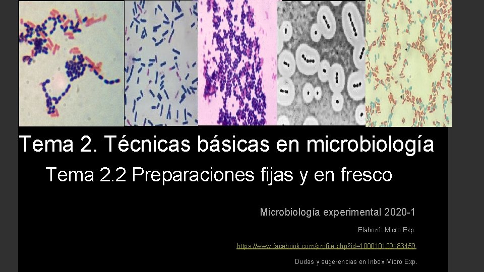 Tema 2. Técnicas básicas en microbiología Tema 2. 2 Preparaciones fijas y en fresco