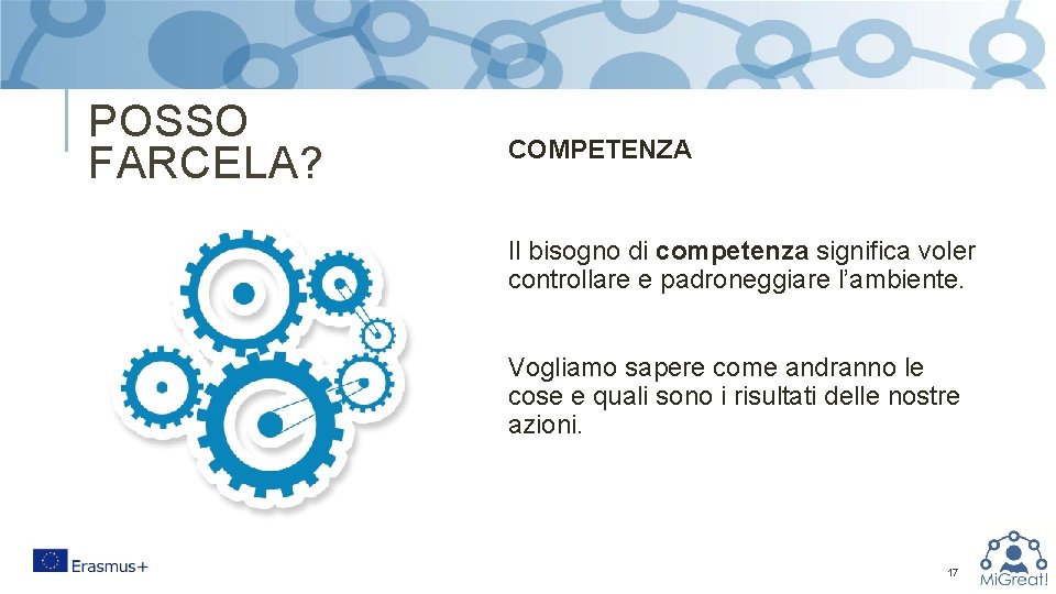 POSSO FARCELA? COMPETENZA Il bisogno di competenza significa voler controllare e padroneggiare l’ambiente. Vogliamo