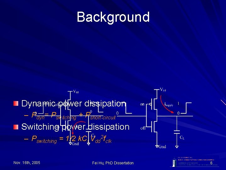 Background Dynamic power dissipation – Pdyn= Pswitching + Pshort-circuit Switching power dissipation – Pswitching