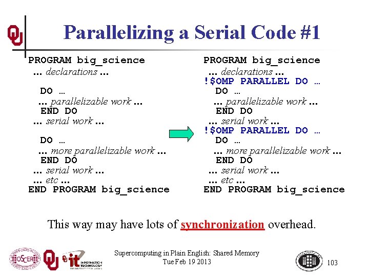 Parallelizing a Serial Code #1 PROGRAM big_science … declarations … DO … … parallelizable