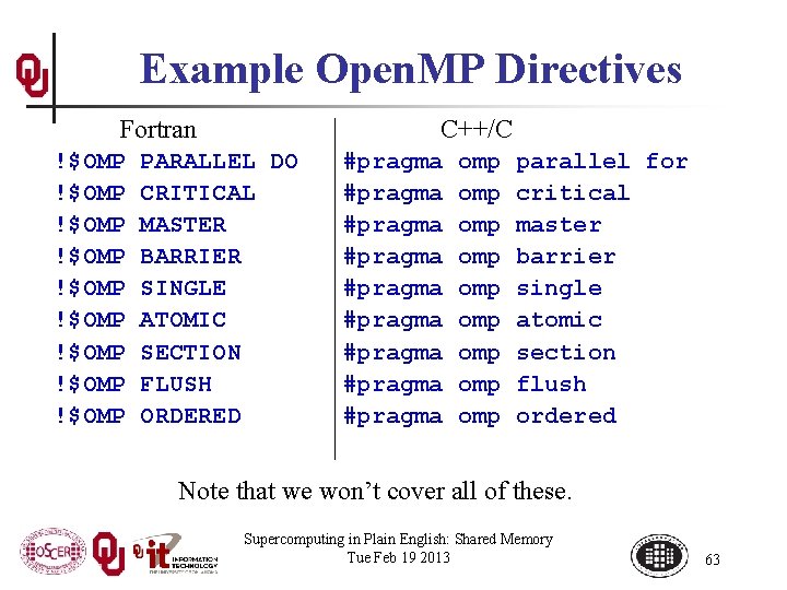 Example Open. MP Directives Fortran !$OMP !$OMP !$OMP C++/C PARALLEL DO CRITICAL MASTER BARRIER