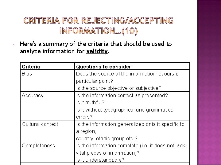  Here's a summary of the criteria that should be used to analyze information