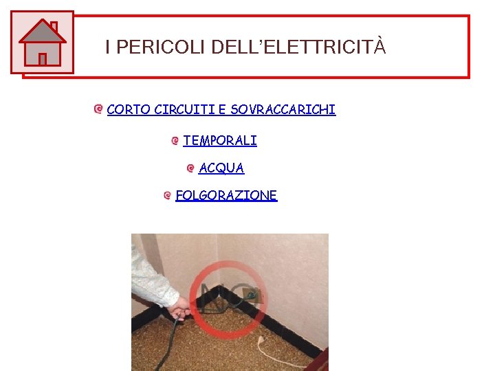 I PERICOLI DELL’ELETTRICITÀ CORTO CIRCUITI E SOVRACCARICHI TEMPORALI ACQUA FOLGORAZIONE 