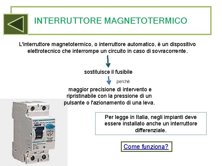 INTERRUTTORE MAGNETOTERMICO L'interruttore magnetotermico, o interruttore automatico, è un dispositivo elettrotecnico che interrompe un