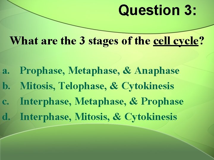 Question 3: What are the 3 stages of the cell cycle? a. b. c.