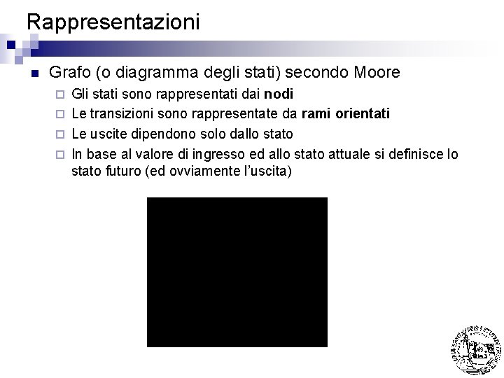 Rappresentazioni n Grafo (o diagramma degli stati) secondo Moore Gli stati sono rappresentati dai