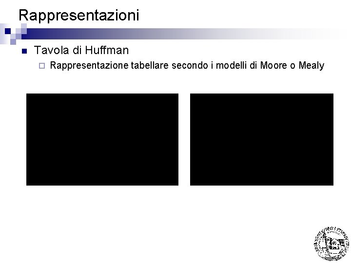 Rappresentazioni n Tavola di Huffman ¨ Rappresentazione tabellare secondo i modelli di Moore o