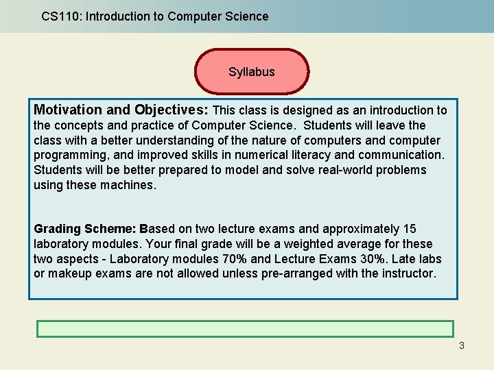 CS 110: Introduction to Computer Science Syllabus Motivation and Objectives: This class is designed
