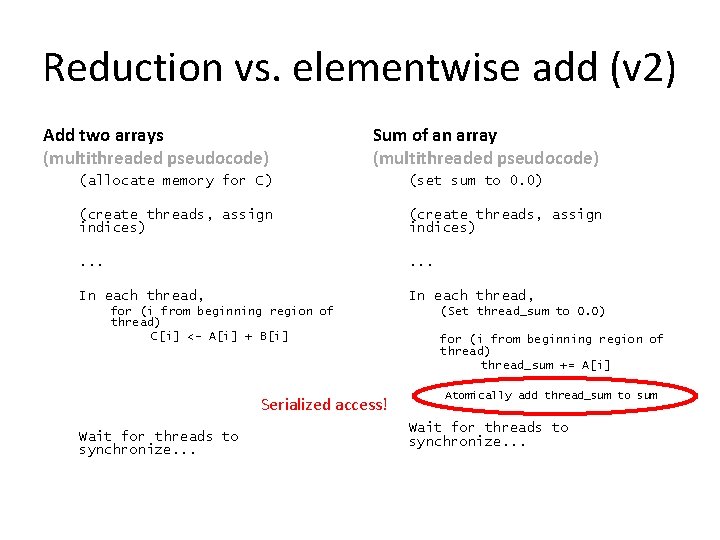 Reduction vs. elementwise add (v 2) Add two arrays (multithreaded pseudocode) Sum of an