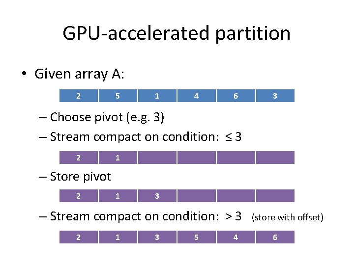 GPU-accelerated partition • Given array A: 2 5 1 4 6 3 – Choose