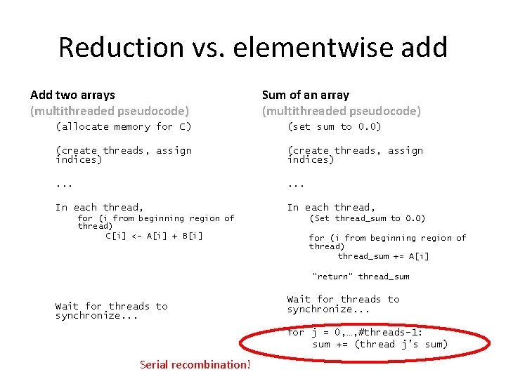 Reduction vs. elementwise add Add two arrays (multithreaded pseudocode) Sum of an array (multithreaded