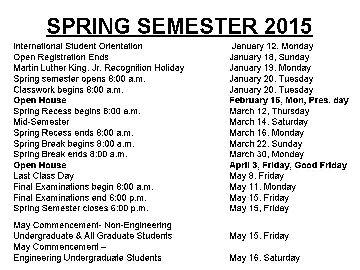 SPRING SEMESTER 2015 International Student Orientation Open Registration Ends Martin Luther King, Jr. Recognition