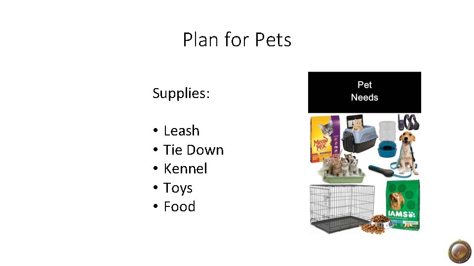 Plan for Pets Supplies: • • • Leash Tie Down Kennel Toys Food 
