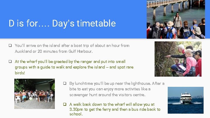 D is for…. Day’s timetable q You’ll arrive on the island after a boat