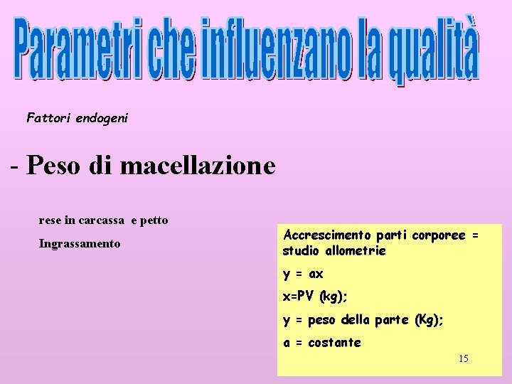 Fattori endogeni - Peso di macellazione rese in carcassa e petto Ingrassamento Accrescimento parti