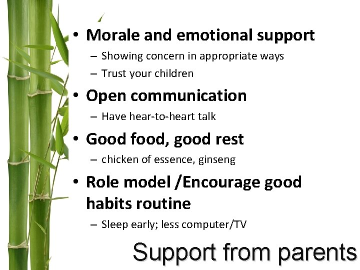  • Morale and emotional support – Showing concern in appropriate ways – Trust