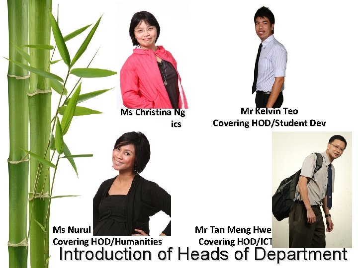 Ms Christina Ng SH/Aesthetics Ms Nurul Covering HOD/Humanities Mr Kelvin Teo Covering HOD/Student Dev