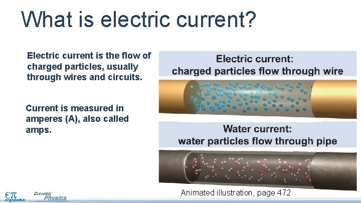 What is electric current? Electric current is the flow of charged particles, usually through