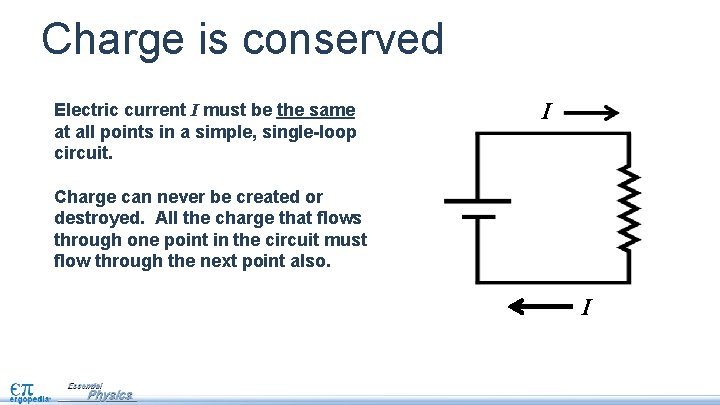 Charge is conserved Electric current I must be the same at all points in