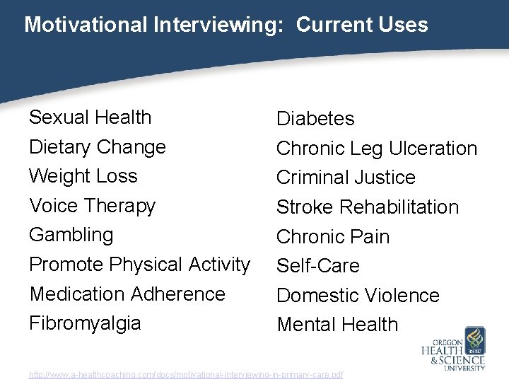 Motivational Interviewing: Current Uses Sexual Health Dietary Change Weight Loss Voice Therapy Gambling Promote