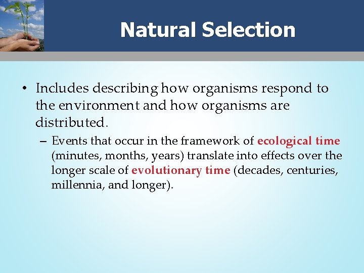 Natural Selection • Includes describing how organisms respond to the environment and how organisms