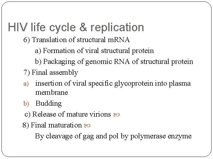 HIV life cycle & replication 6) Translation of structural m. RNA a) Formation of