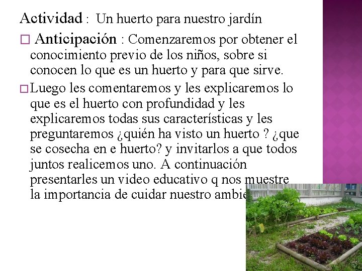 Actividad : Un huerto para nuestro jardín � Anticipación : Comenzaremos por obtener el