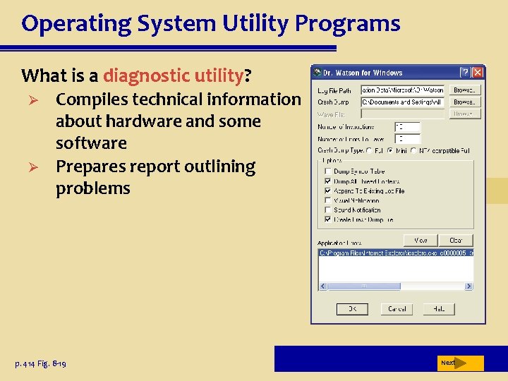 Operating System Utility Programs What is a diagnostic utility? Ø Ø Compiles technical information