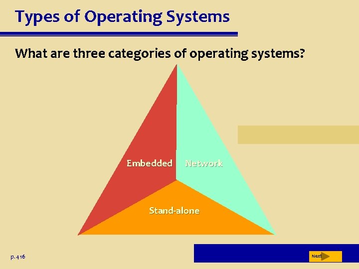 Types of Operating Systems What are three categories of operating systems? Embedded Network Stand-alone