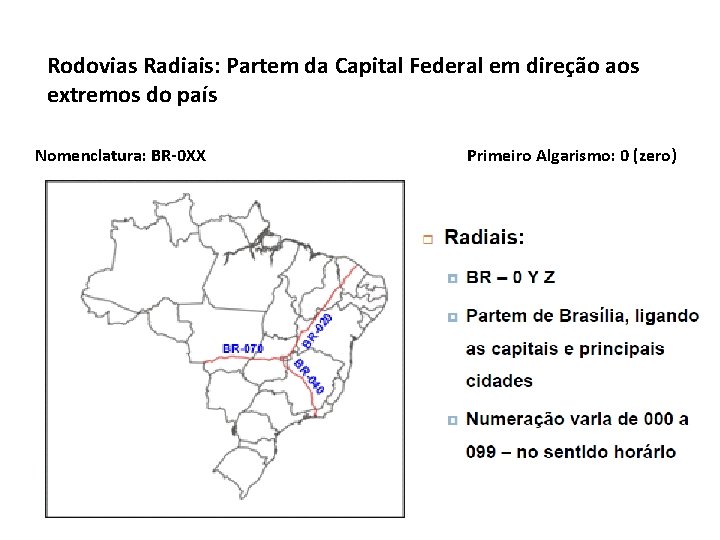 Rodovias Radiais: Partem da Capital Federal em direção aos extremos do país Nomenclatura: BR-0