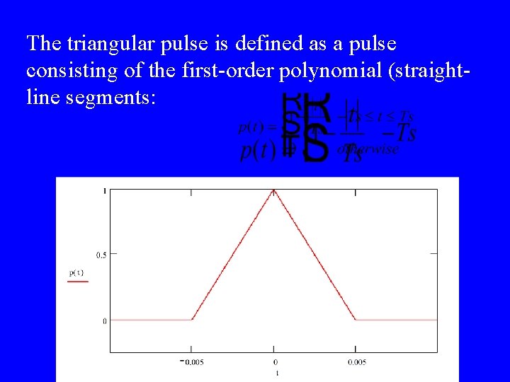 The triangular pulse is defined as a pulse consisting of the first-order polynomial (straightline