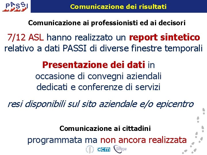 Comunicazione dei risultati Comunicazione ai professionisti ed ai decisori 7/12 ASL hanno realizzato un