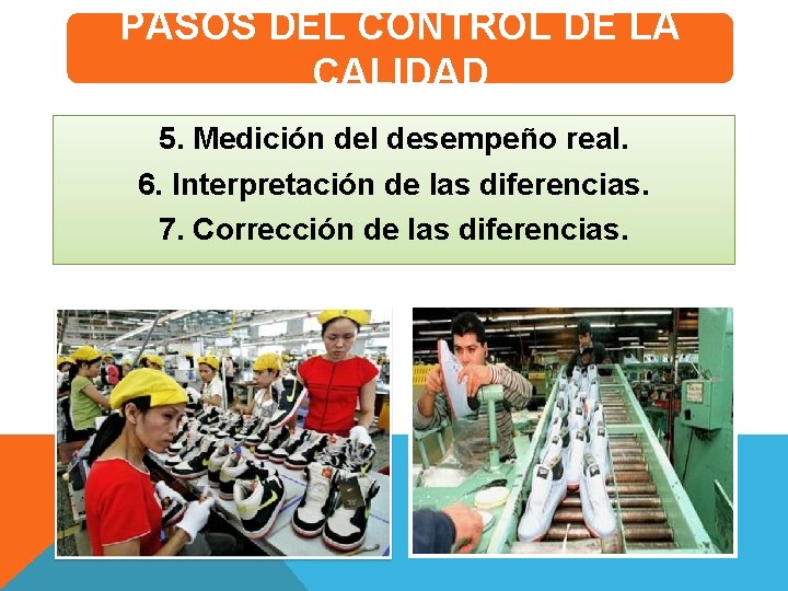 PASOS DEL CONTROL DE LA CALIDAD 5. Medición del desempeño real. 6. Interpretación de