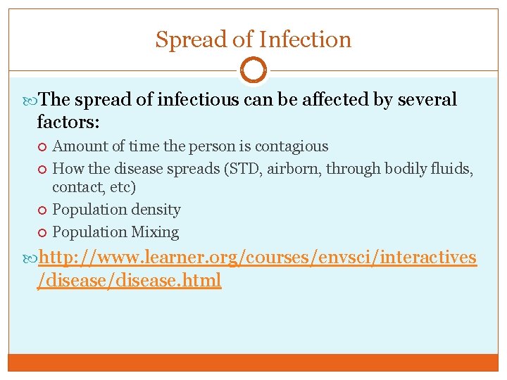Spread of Infection The spread of infectious can be affected by several factors: Amount