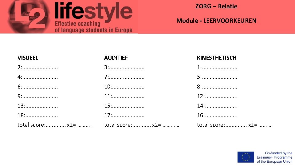 ZORG – Relatie Module - LEERVOORKEUREN VISUEEL AUDITIEF KINESTHETISCH 2: . . . 3: