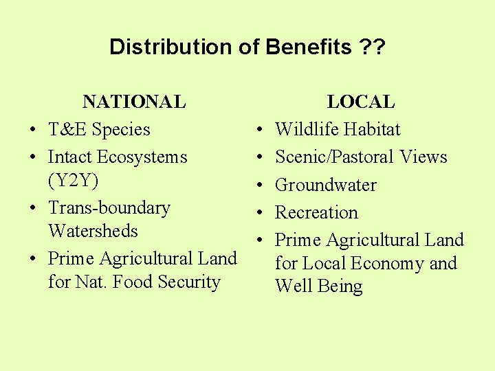 Distribution of Benefits ? ? • • NATIONAL T&E Species Intact Ecosystems (Y 2