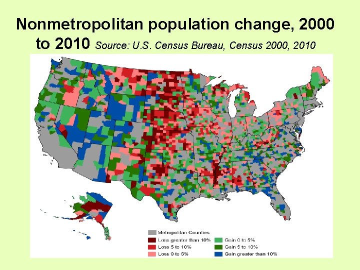 Nonmetropolitan population change, 2000 to 2010 Source: U. S. Census Bureau, Census 2000, 2010