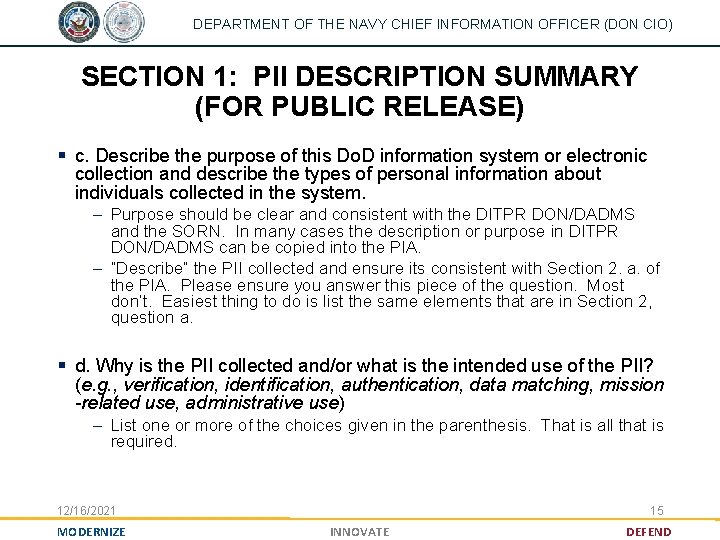 DEPARTMENT OF THE NAVY CHIEF INFORMATION OFFICER (DON CIO) SECTION 1: PII DESCRIPTION SUMMARY
