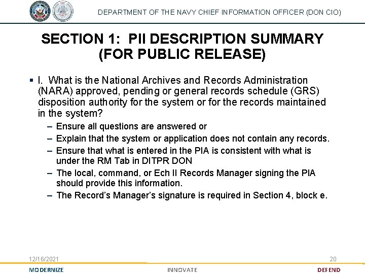 DEPARTMENT OF THE NAVY CHIEF INFORMATION OFFICER (DON CIO) SECTION 1: PII DESCRIPTION SUMMARY