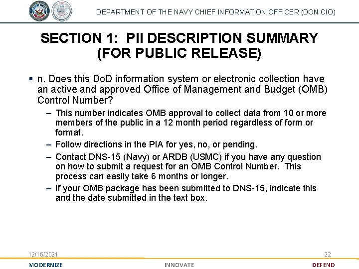 DEPARTMENT OF THE NAVY CHIEF INFORMATION OFFICER (DON CIO) SECTION 1: PII DESCRIPTION SUMMARY