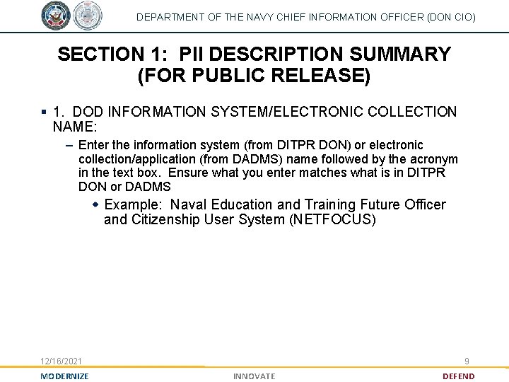 DEPARTMENT OF THE NAVY CHIEF INFORMATION OFFICER (DON CIO) SECTION 1: PII DESCRIPTION SUMMARY