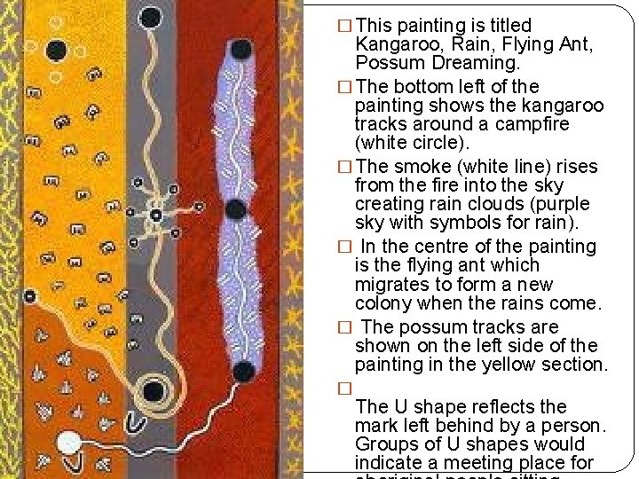 � This painting is titled Kangaroo, Rain, Flying Ant, Possum Dreaming. � The bottom