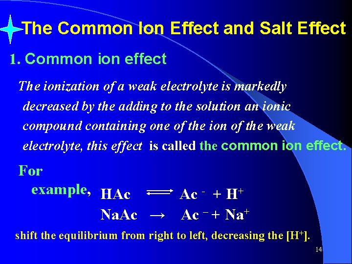 The Common Ion Effect and Salt Effect 1. Common ion effect The ionization of