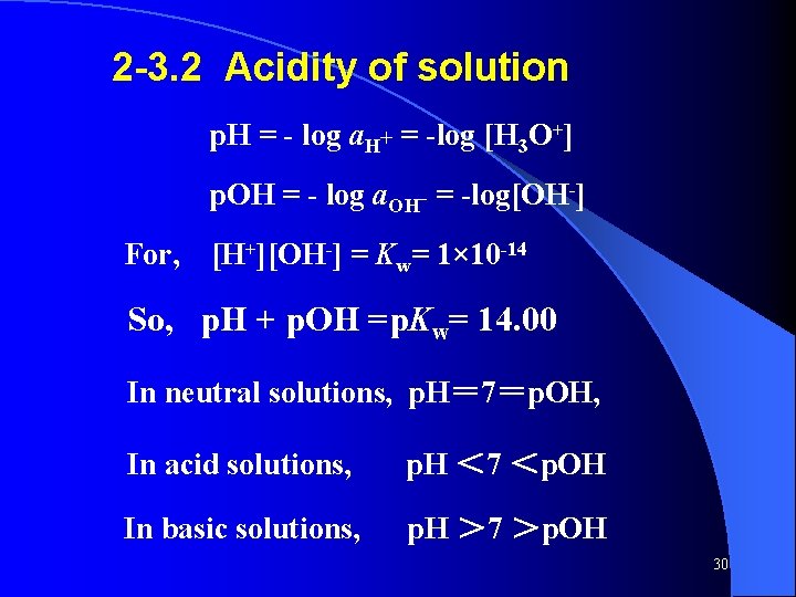 2 -3. 2 Acidity of solution p. H = - log a. H+ =