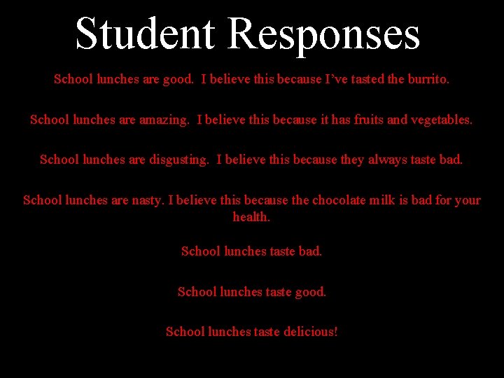 Student Responses School lunches are good. I believe this because I’ve tasted the burrito.