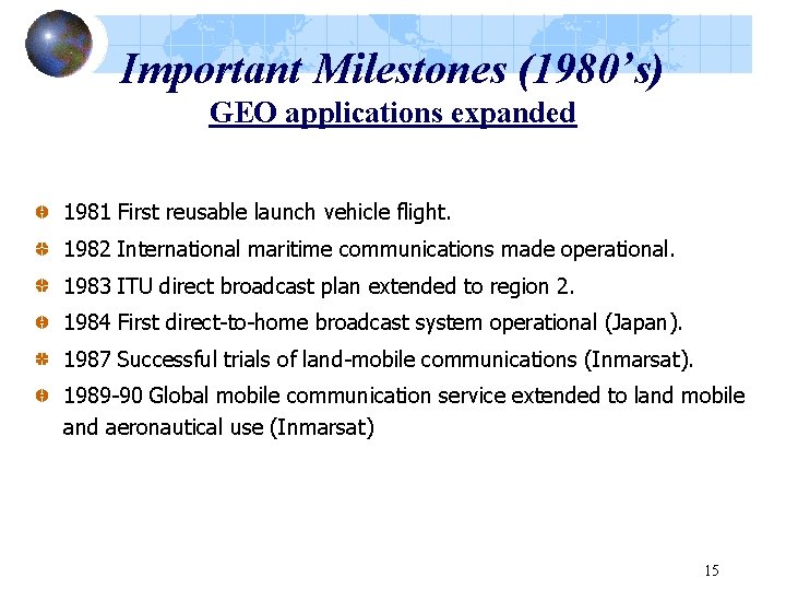 Important Milestones (1980’s) GEO applications expanded 1981 First reusable launch vehicle flight. 1982 International